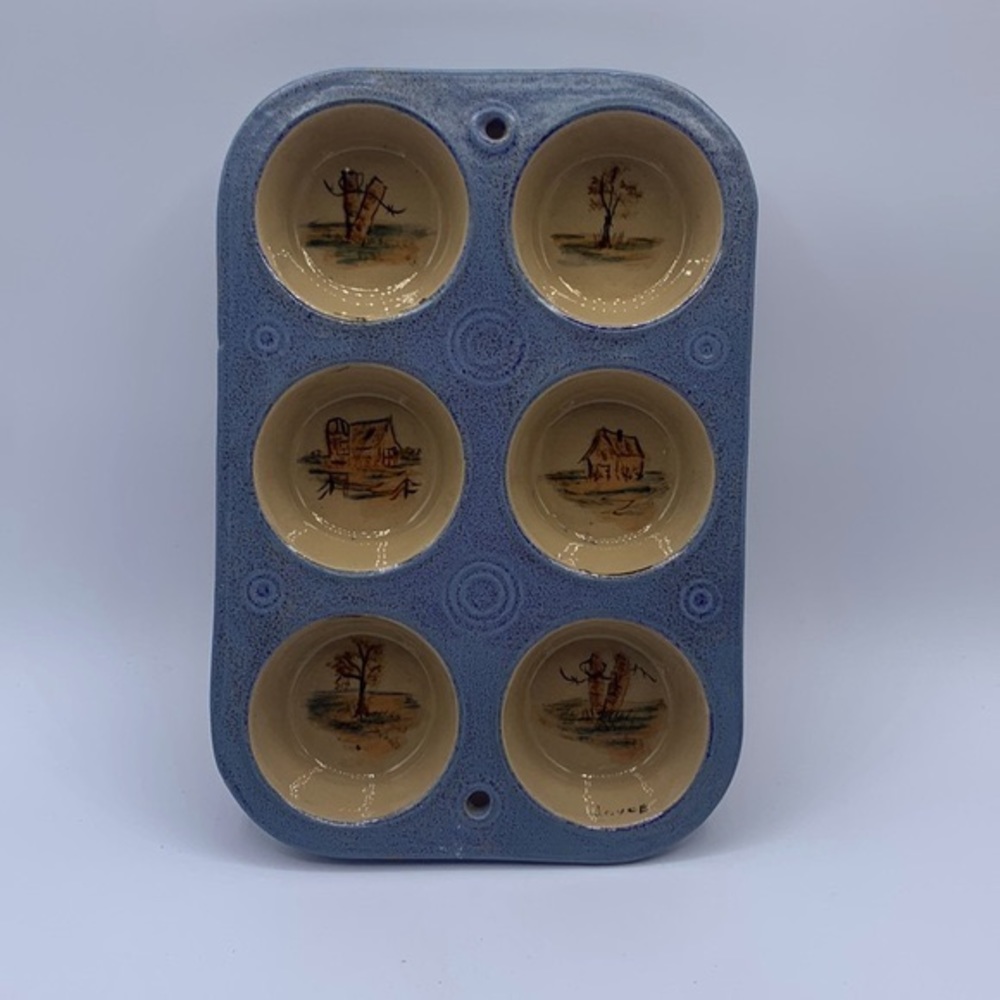 Vintage Hand Painted Trees Fence Farmhouse Stoneware Muffin Pan